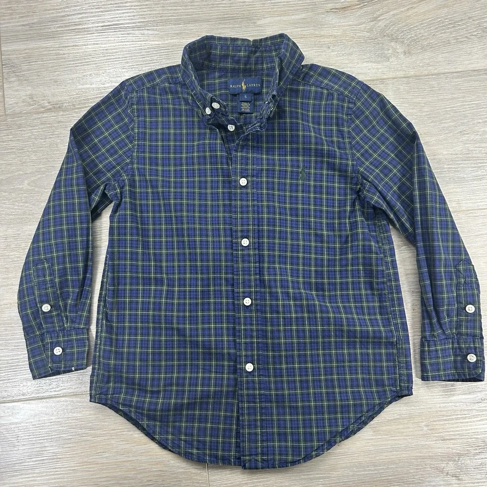Ralph Lauren Boys 5 Navy Blue Tartan Button Down Christmas‎ Holiday Cotton